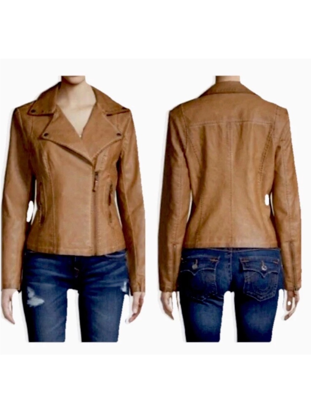 Max Studio Cognac Leather Asymmetrical Zip Jacket